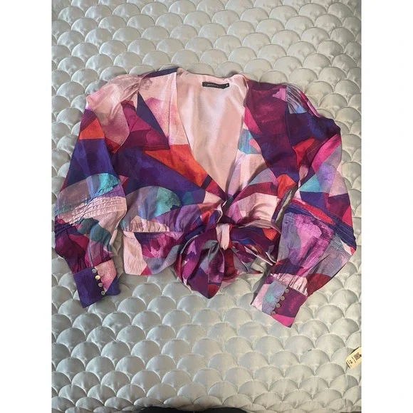 Portmans Blouse Womens 8 Navy Blue Pink Floral Wrap Waist Tie Balloon Sleeve - Picture 2 of 8